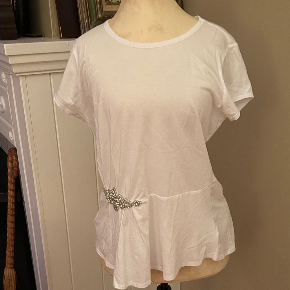 INC International Concepts White Tee with Silver/ rhinestone Embellishment